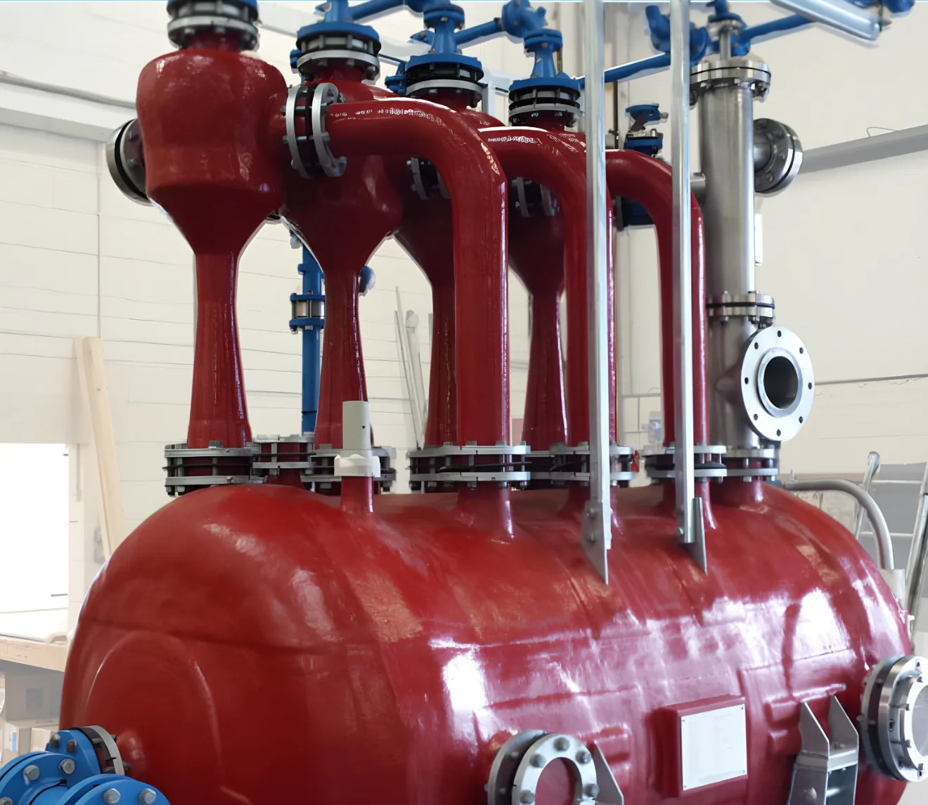 Red industrial pressure vessel with multiple pipe manifolds and valves inside a plant room