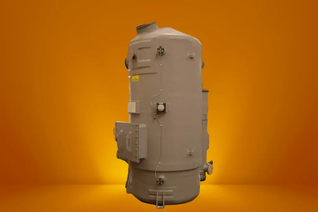Vertical industrial pressure vessel with access panels and instrumentation against an orange background