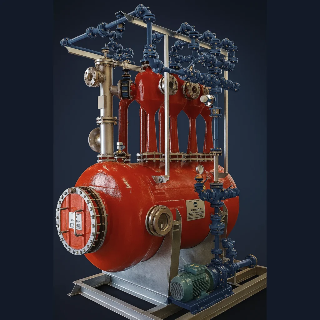 Industrial red pressure vessel with multiple pipe manifolds, valves and pump assembly mounted on a steel frame