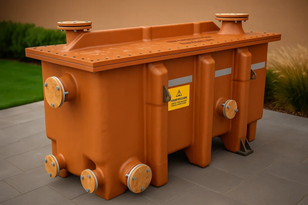 Rectangular industrial containment tank with flanged pipe connections and access ports, shown outdoors